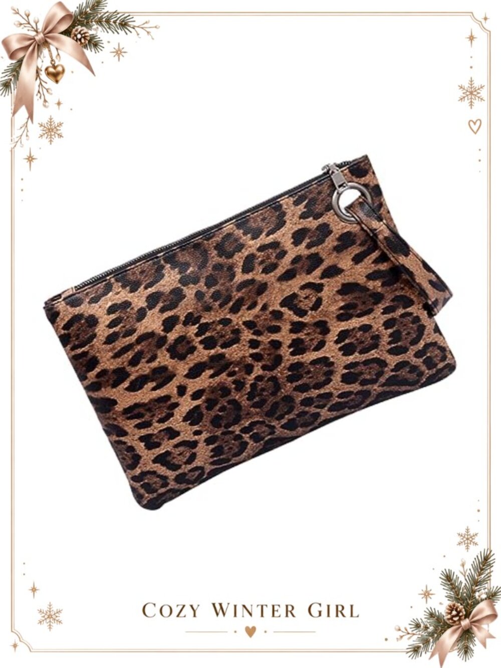 Leopard Print Envelope Clutch Wristlet with Bee Keychain